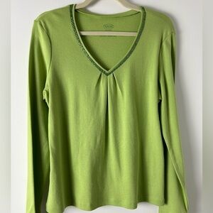 NWT Talbots V-Neck Bead Embellished  Lime Green Long Sleeve Tee Size LP